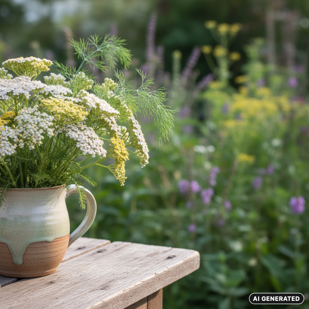 AI Generated: A ceramic pitcher filled with white and yellow yarrow flowers sits on a weathered wooden table in a garden.