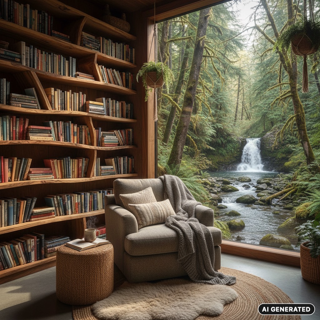 AI Generated: A cozy reading nook features a plush armchair with a knit throw blanket, positioned in front of a large window that frames a lush forest with a cascading waterfall.