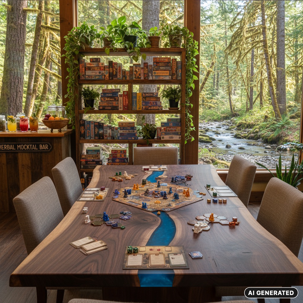 AI Generated: A live-edge wooden table with a blue resin river inlay is set up with a board game in a sunlit room overlooking a forest stream.